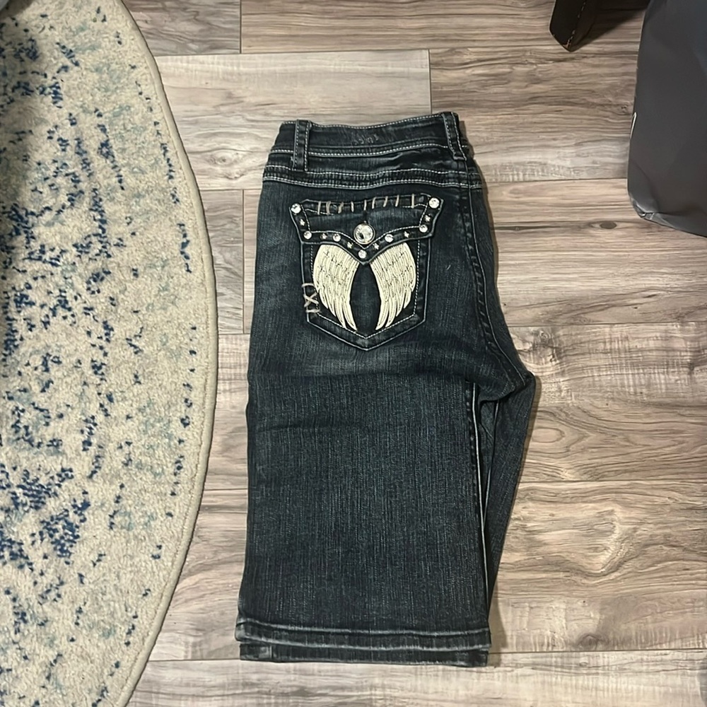LA IDOL Boot Cut Bling Jeans - Size 11 - Angel Wings on back Pockets